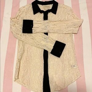 Anthropologie cream lace blouse button down top